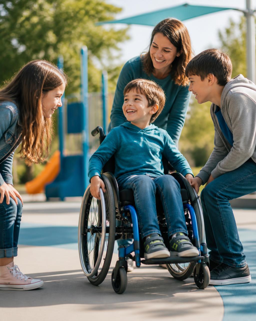 Lächelndes Kind im Rollstuhl mit Familie auf einem barrierefreien Spielplatz — Hilfe, Inklusion und Zukunft