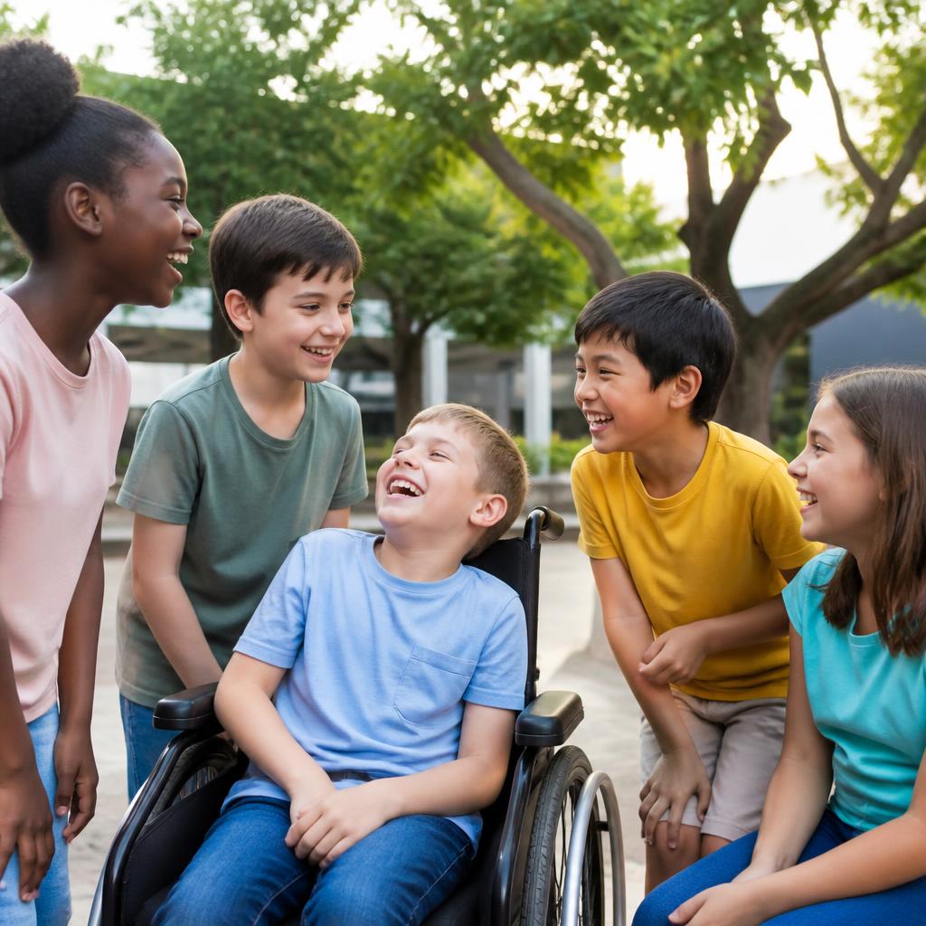 Diverse Kinder, darunter ein Junge im Rollstuhl, lachen gemeinsam — echte Inklusion in Aktion
